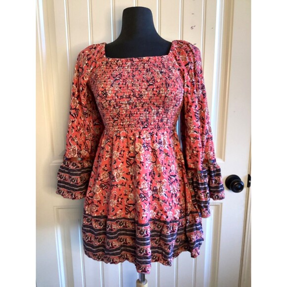Angie Dresses & Skirts - Bohemian Babydoll dress Pink with floral pattern long sleeves